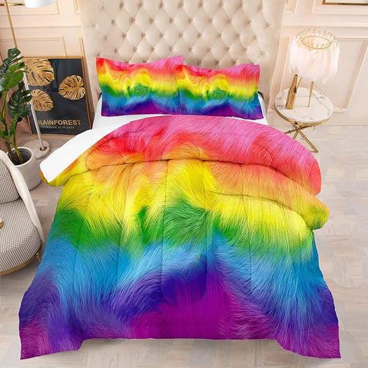 Tailor Shop King Rainbow Bedding Sets for Girls Kids Soft Microfiber Cute Colorful Rainbow Comforter Sets with 1 Quilt Matching 2 Pillowcases