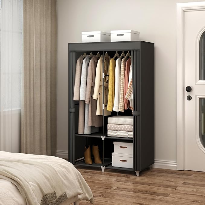 Portable Closet Wardrobe for Small Room, 35-Inch Clothing Organizer Storage Rack with 2 Clothes Hanging Rods and 4 Shelves, Non-Woven Fabric Cover, Black