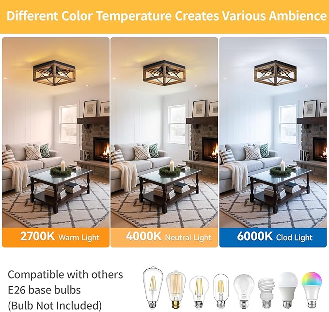 MAYNA Farmhouse Flush Mount Ceiling Light, 2-Light Rustic Ceiling Light with Metal and Wood, Farmhouse Hallway Light Fixtures for Kitchen Entryway Bedroom Dining Room