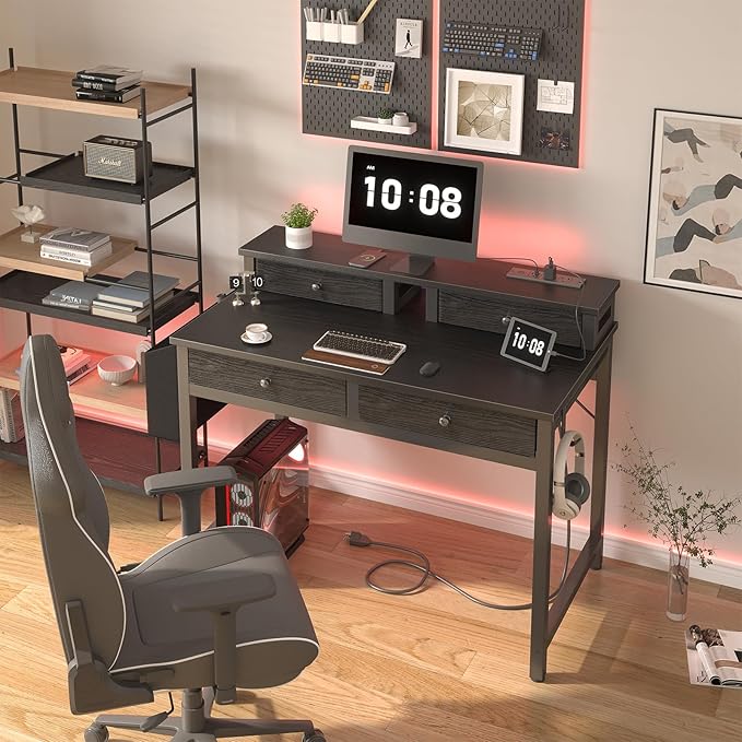 Lufeiya Small Desk with Drawers for Home Office Bedroom, 31 inch Black Writing Study Desks with Fabric Drawers Storage, Gaming Desk Table with Power Outlet & Monitor Stand, Black