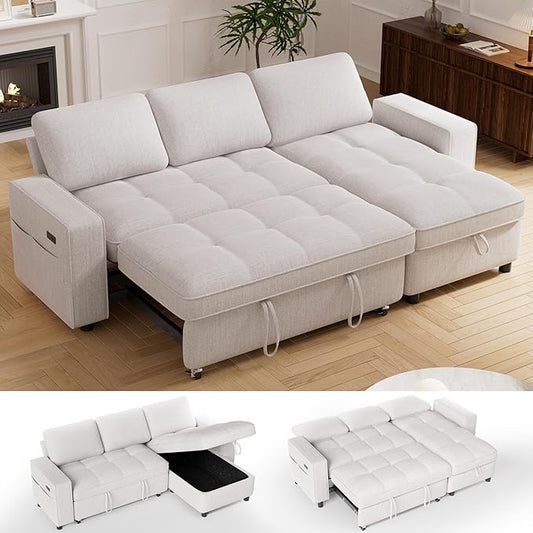 Vipbear Chenille Sleeper Sectional Sofa, 81" L Shaped Couch with Pull Out Bed, Convertible Cloud Sofa with Reclining Backrest | Reversible Storage Chaise | USB Ports | Tool-Free Assembly | Beige