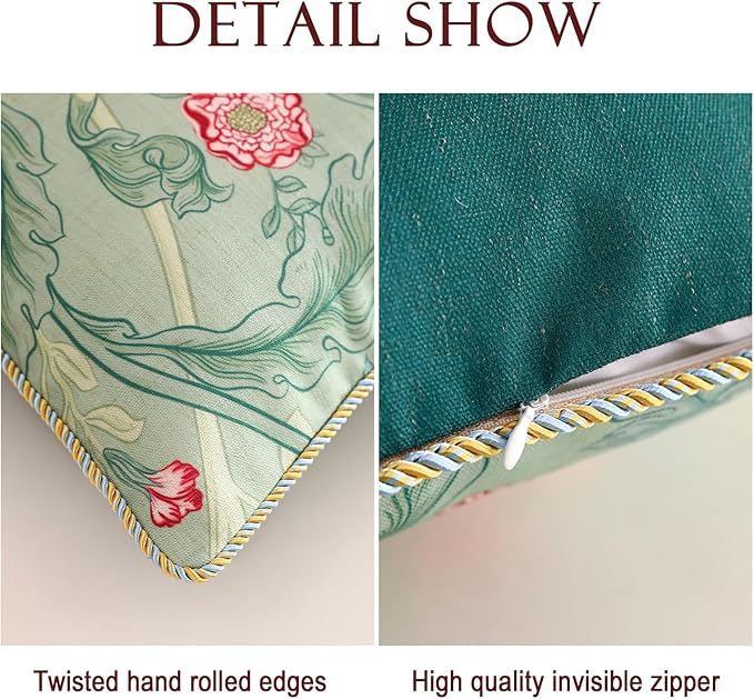 patdrea Designer Pack of 2 Square Throw Pillow Covers,French Vintage Rustic Linen with Green Floral Pattern Pillows Cover,Decorative Pillowcases Cushion for Bed Living Room Outdoor Car,18"x18"