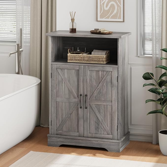 Smuxee Farmhouse Freestanding Cabinet Organizer with Barn Door and Adjustable Shelf, Wash Grey, for Bathroom, Kitchen, Living Room