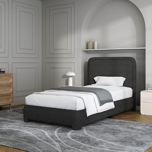 BarnFurin Twin Size Bed Frame, Boucle Upholstered Platform Bed Frame with Headboard, Modern Style, Soft Rounded Corners, No Box Spring Required, Easy Assembly, Black