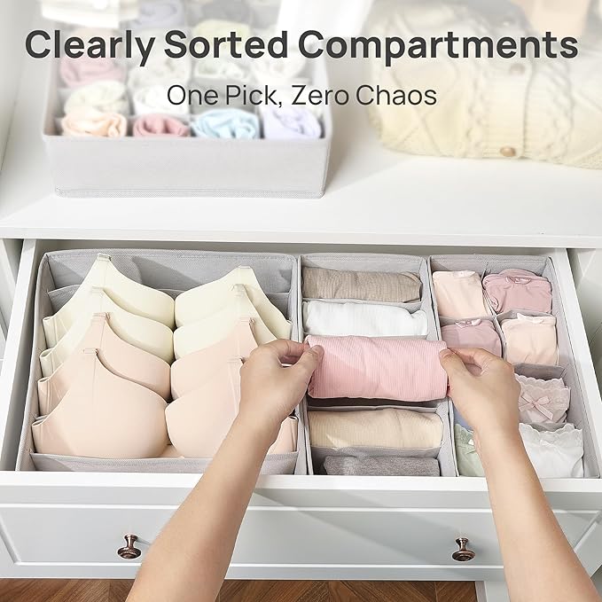 Vtopmart 4 Pack Underwear Drawer Organizers Set, 6+7+8+24 Cells Clothes Drawer Dividers Dresser Organizers Bins for Socks, Bras, Scarves, Ties, Non-Woven Fabric Storage Boxes for Closet, Nursery