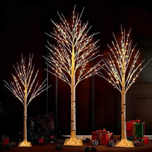 TW SHINE Set of 3 Lighted Birch Tree, 4FT 6FT 8FT White Artificial Christmas Tree with Total 456 LED Light, Prelit Waterproof Christmas Decoration for Indoor Outdoor Thanksgiving Wedding Holiday