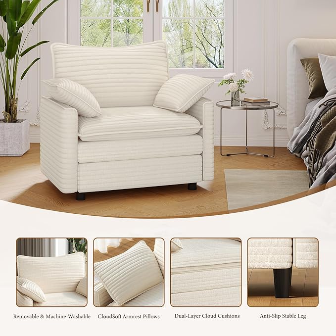 Vesgantti 40" Single Seat Sofa, Comfy Cloud Couch Deep Seat Upholstered Couch Corduroy Modern Sofa with Armrest Pillow, Easy Assembly for Living Room, Bedroom and Apartment, Beige