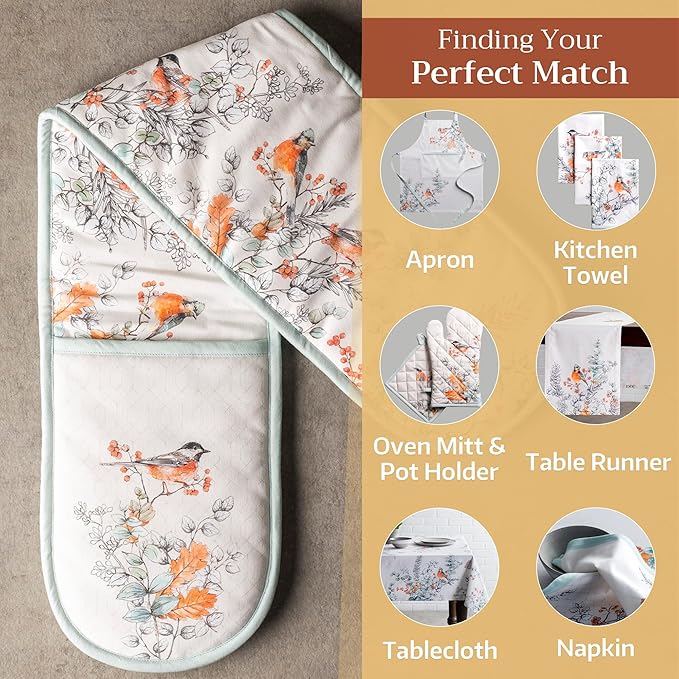 Maison d' Hermine Double Oven Mitt (7" x 35") 100% Cotton Heat Resistant BBQ Cooking Gloves with Loop for Thanksgiving Christmas Decorations Baking Cooking Handling Hot Pan (Whitish Shabby Chique)