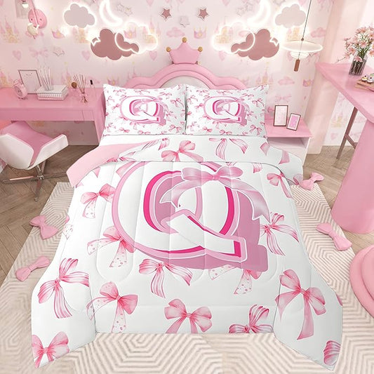 jejeloiu Kids Girls Cute Pink Bow Comforter Set King Size Monogrammed Bedding Set Ultra Soft Personalized Initial Duvet Quilt Coquette Bow Knot Quilt Set Room Decor Modern Fashion Comforter