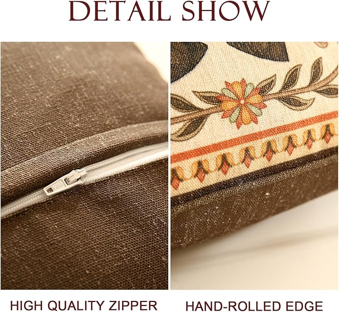 Brown Throw Pillow Covers Set of 4,Floral Farmhouse Linen Accent Pillows Cover for Couch Throw Pillows Cases,Decor Lumbar and Square Pillows for Couch Sofa Bed Chair Cushion Covers