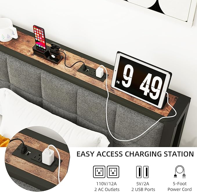 Queen Bed Frame with Headboard,Metal Platform Bed Frame Queen Size with Storage and USB Charging Station,Upholstered Bed Frames with Metal Slats/No Box Spring Needed/Under Bed Storage/Noise Free