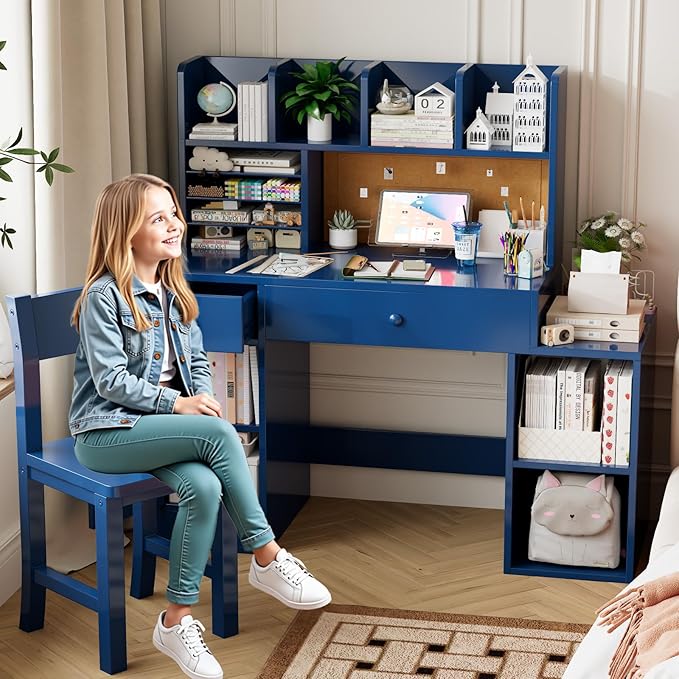 Blue Wooden Kids Desk and Chair Set,Kids Study Table and Chair Set with 4 Storage Open Shelves,Kids Study Desk with 2 Drawers & 4 Cabinet,Girls Study Desks for Kid with Hutch for Bedroom-4VhsXU