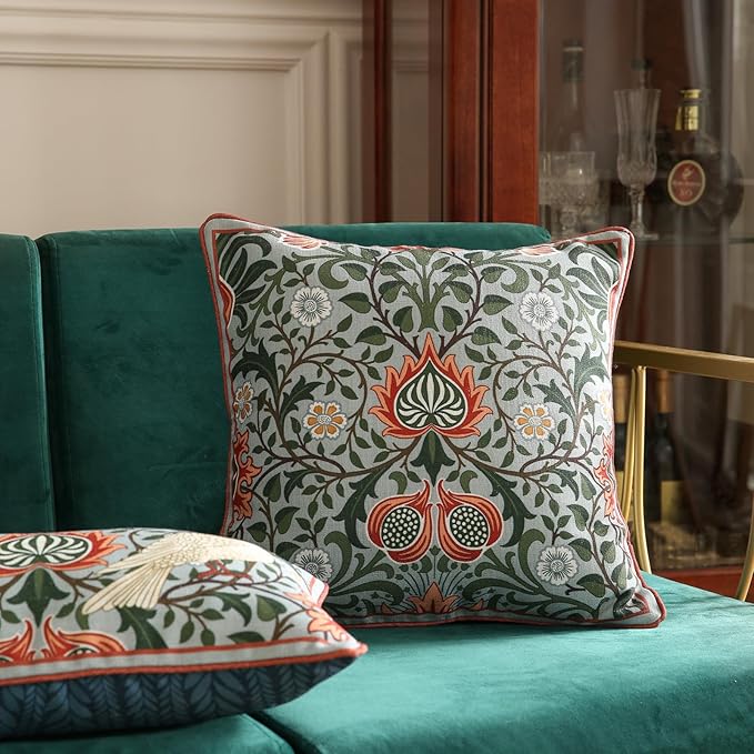 Design Square Retro Elegant Linen Throw Pillow Covers 18"x18" Pack of 2, Blue Gray Floral Pattern Cushion Covers Decor Pillowcases for Bed,Living Room,Outdoor,Car