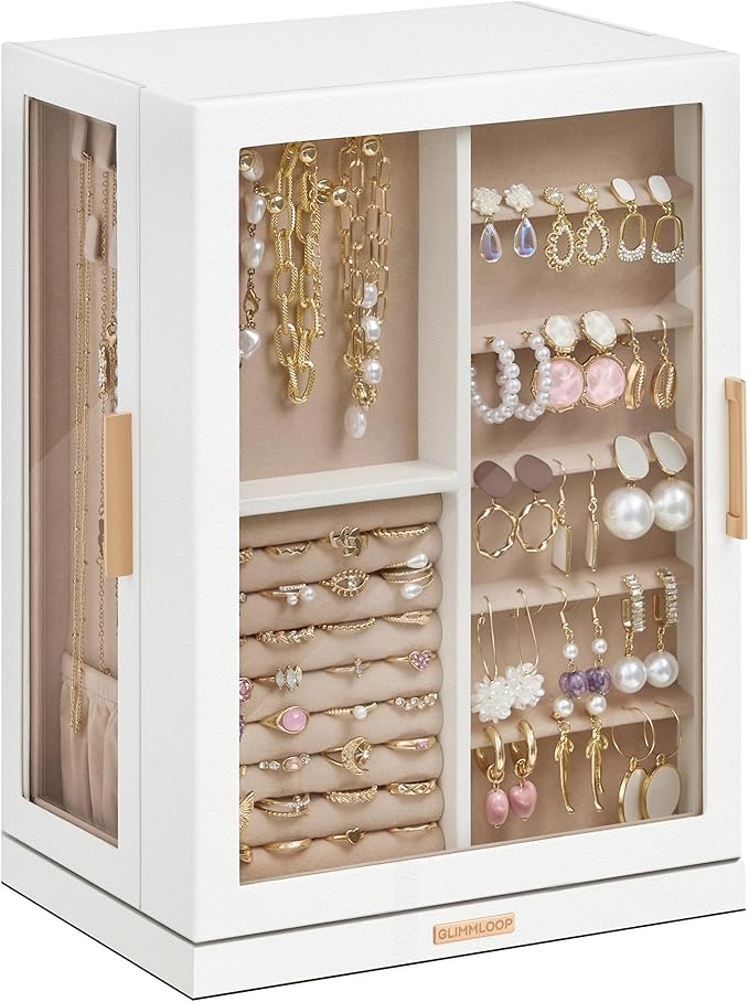 360° Rotating Jewelry Box with 7 Drawers, Spacious Vertical Jewelry Organizer with Glass Window, Jewelry Storage Case, Dustproof & Moisture-resistant Design, White