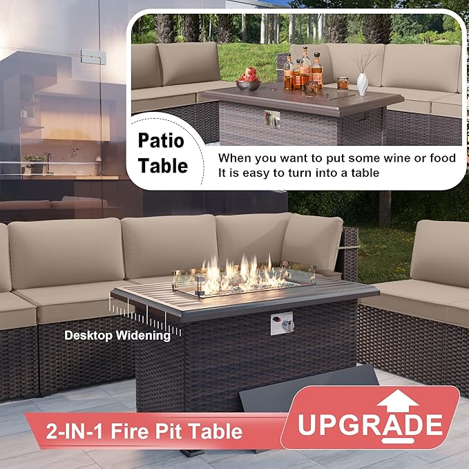 Kurapika 13 Pieces Patio Furniture Set, Rattan Wicker Outdoor Conversation Sets w/43in Propane Fire Pit Table(Sand)