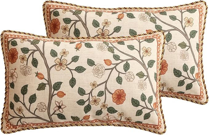 Design Linen Classic Throw Pillow Covers 12"x20" Pack of 2, French Farmhouse Rectangle Cushion Covers with Orange White Floral Pattern Decor Pillowcases for Bed,Living Room,Outdoor,Car