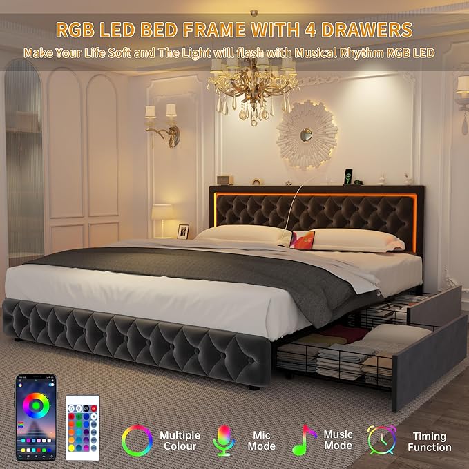Queen Bed Frame with 4 Storage Drawers, Velvet Upholstered Bed Frame Queen Size with Charging Station and LED Lights, 46" Adjustable Button Tufted Headboard, No Box Spring Needed, Grey