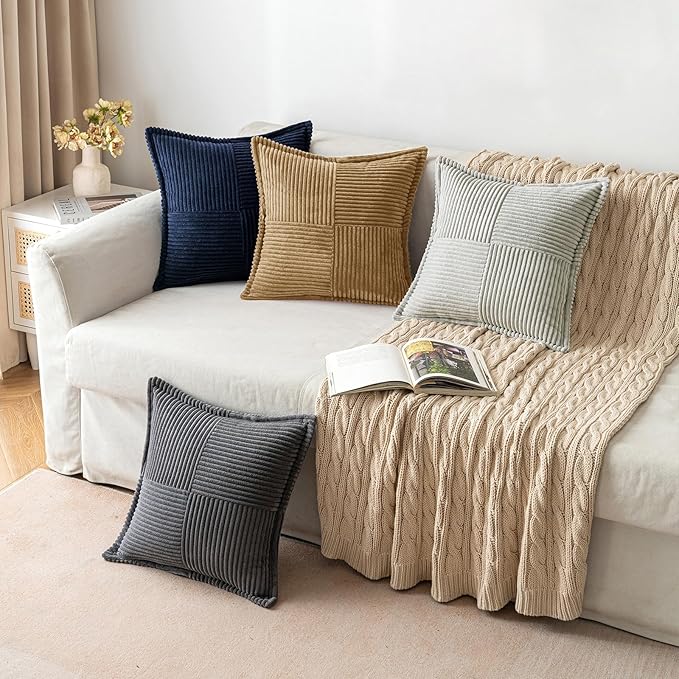 MIULEE Decorative Throw Pillow Covers for Couch Bed Livingroom 20x20 Inch Set of 2 Brown Boho Accent Throw Pllows Broadside Striped Patchwork Soft Corduroy Pillowcases