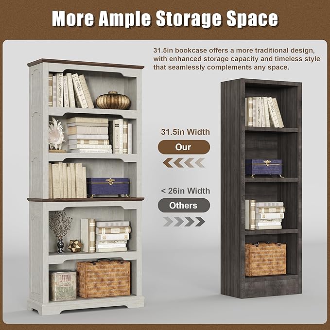 Tall Bookcase, 70 inch Height, 5-Tier Open Storage Shelf, 31.5 in Wide Standing Bookshelves for Home, Office, Bedroom, School, Library, 31.5W * 11.81D *70H (White Espresso, Open Storage)