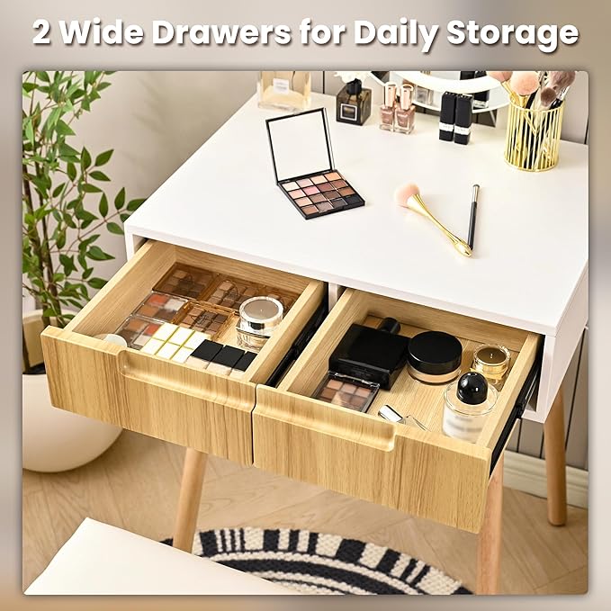 Small Vanity Desk with Mirror and Lights, Wooden Handles with Cushioned Stool, 3 Lighting Modes Round Makeup Table with Upgraded Silent Slides, Compact Vanity for Small Spaces, Natural Oak