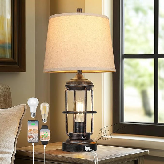 QiMH Table Lamp for Living Room with USB A+C Ports, Farmhouse Bedside Lamp with Nightlight, 3-Way Dimmable Touch Control, Retro Industrial Nightstand Lamp for Bedroom, Bulbs Included, Bronze