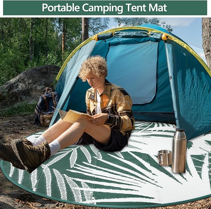 Waterproof Outdoor Rug 6x6 ft, Reversible Plastic Straw Mat with Leaf Pattern, Round Floor Mat for Patio, Camping, Picnic, Backyard RV, Deck, Dark Green