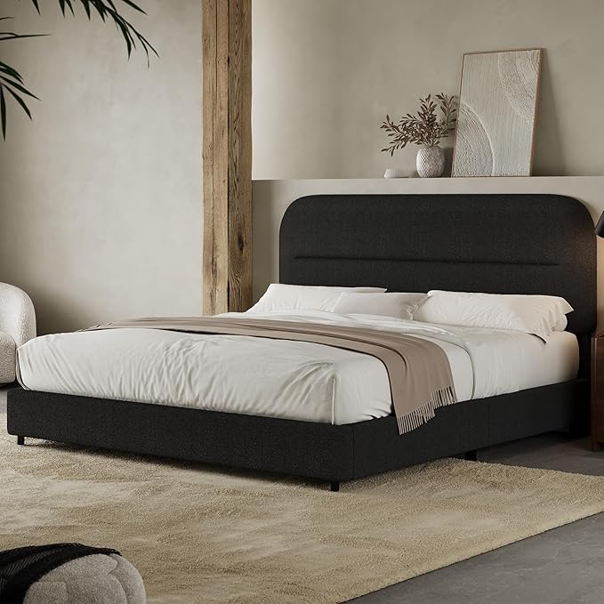HOMBCK Full Size Boucle Bed Frame, Upholstered Bed Frame Full with Headboard, Soft BedFrame with Thickened Footboard, Soft Rounded Corners, No Box Spring Required, Easy Assembly, Black