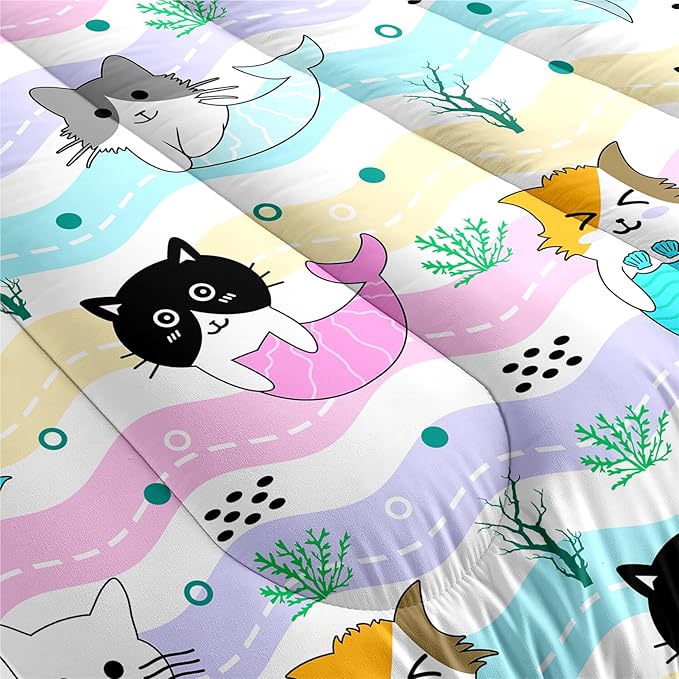 Girls Cat Bedding Set - Queen Size, 3Pcs Cute Cartoon Mermaid Tail Cat Patterns Comforter Set for Girls Boys Kids Bedroom Decor, 1 Comforter 2 Pillow Cases