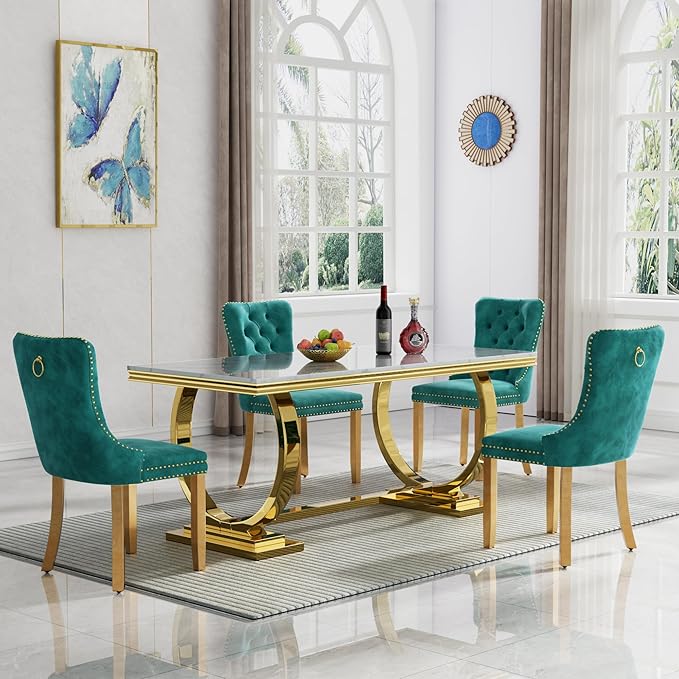 Goujxcy 5 Piece Marble Dining Table Set for 4, Luxury White Marble Gold Kitchen Table with 4 Green Velvet Upholstered Chairs, Modern 4 Person Dining Room Table Set for Kicken Dining Office Room