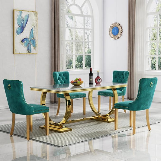 Goujxcy 5 Piece Marble Dining Table Set for 4, Luxury White Marble Gold Kitchen Table with 4 Green Velvet Upholstered Chairs, Modern 4 Person Dining Room Table Set for Kicken Dining Office Room