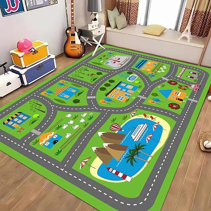 Kids Playmat Car Rug, Kids Play Rugs Town City Road Map Rug, Large Educational Car Mat, Boys Track Play Mat, Kid Rugs for Playroom Bedroom Living Room (Style 3, 78.7X 59 INCH)