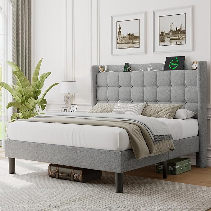 iPormis Queen Bed Frame with Charging & Storage, Upholstered Platform Bed with Button Tufted Wingback Headboard, Heavy-Duty Foundation, No Box Spring Needed, Light Grey