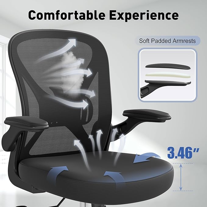 ZZH Mesh Office Chair with Adjustable Lumbar Support, Ergonomic Home Office Desk Chair with Wheels and Flip-up Arms, Black