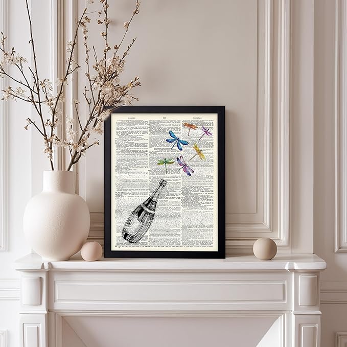 Poster Master Dictionary Art Poster - Champagne Bottle Print - Dragonfly Art - Alcohol Art - Gift for Men, Women & Bartender - Great Decor for Bar, Kitchen or Restaurant, 8x10 Black Framed