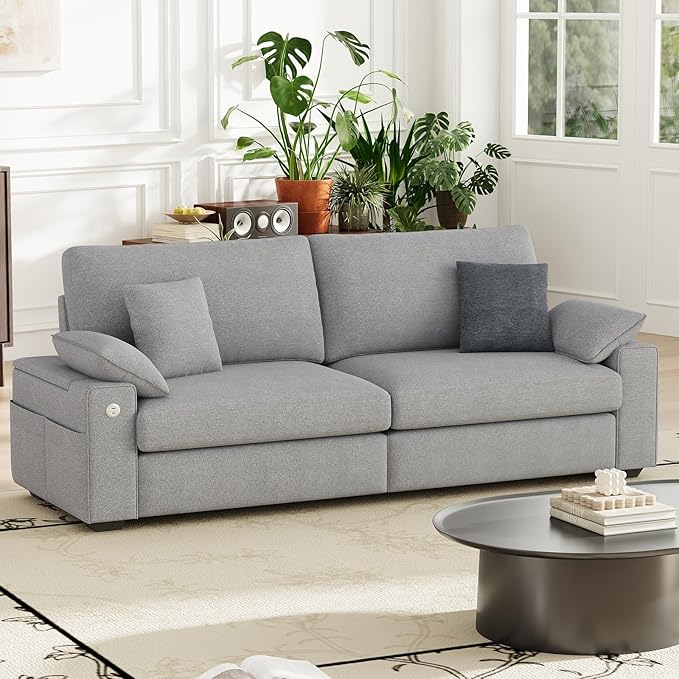 89" Loveseat Sofa, Cloud Foam Couch, 3 Seater Upholstered Midcentury Mondern Love Seat with USB Type C Ports, 4 Pillows and Flip-Open Storage Armrest for Living Room/Small Spaces, Grey