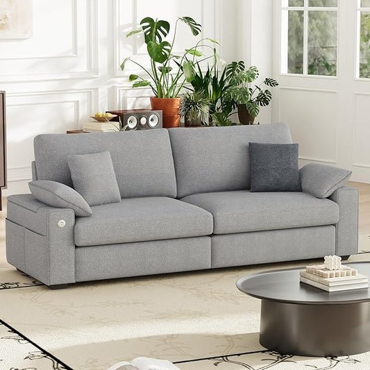 89" Loveseat Sofa, Cloud Foam Couch, 3 Seater Upholstered Midcentury Mondern Love Seat with USB Type C Ports, 4 Pillows and Flip-Open Storage Armrest for Living Room/Small Spaces, Grey