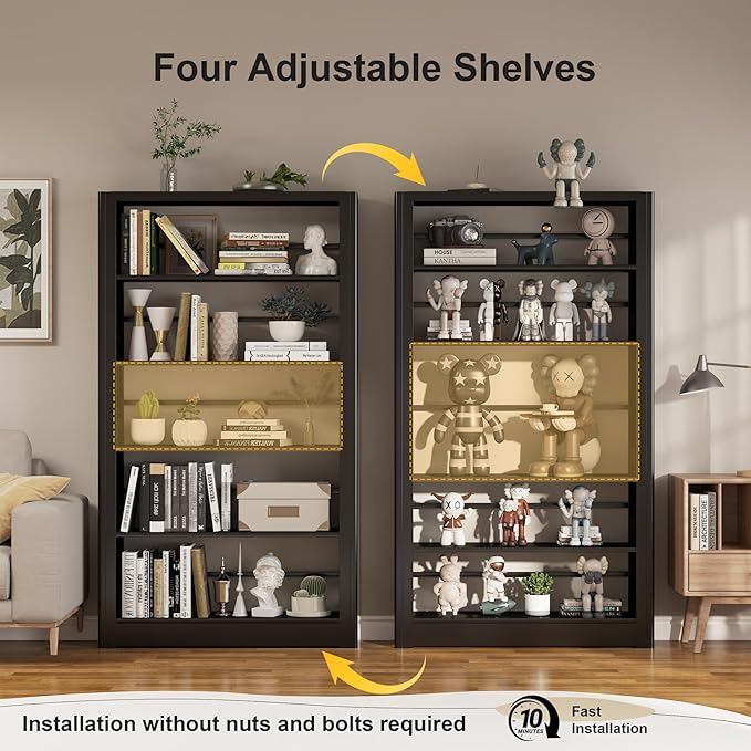 5-Tier Industrial Bookshelf, White Bookcases and Bookshelves,Tall Bookshelf Storage Organizer,Freestanding for Living Room, Bedroom,Home Office,Meta,Black