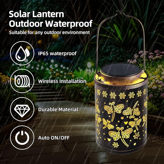 2025 Upgraded Dragonfly Solar Lanterns Outdoor Waterproof Hanging Lights, Hollowed-Out Metal Solar Lantern for Garden, Patio, Porch, Yard Decorations & Gifts for Women, Mom, Grandma