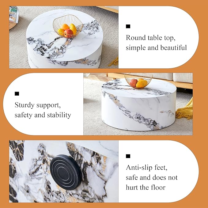 Modern Coffee Table,27.5Inch Round Top Tea Table,Living Room Center Table with Texture for Living Room,Office,Apartment