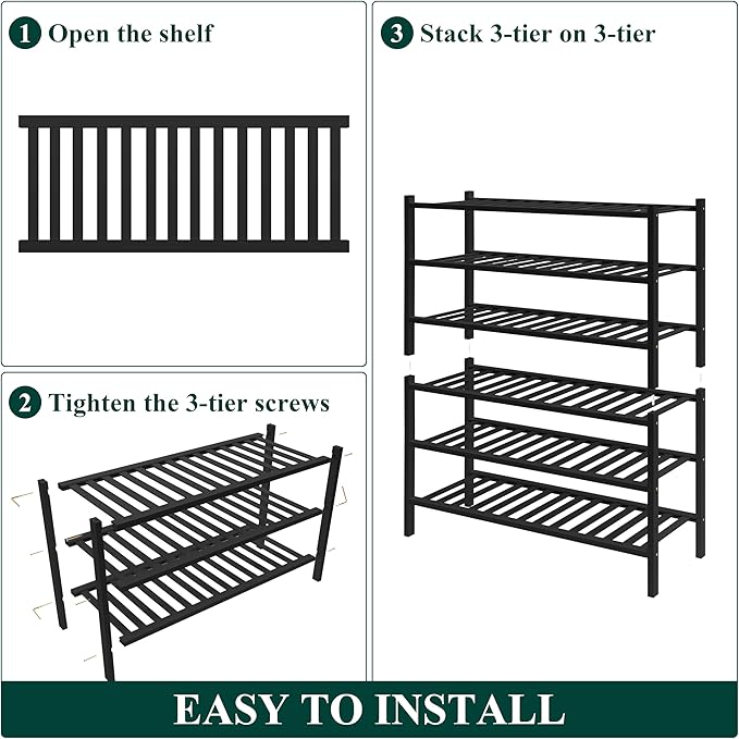 Smiry Bamboo Shoe Rack for Closet, 6 Tier Wooden Stackable Shoe Organizer, Free Standing Shoes Storage Shelf for Entryway, Front Door Entrance, Black