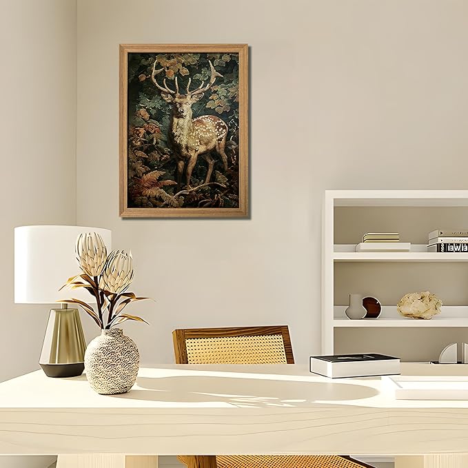 AKWISH Framed 3D Textured Vintage Wall Art - Dark Academia Decor Sika Deer Hand Drawn Sandstone Paintings with Botanical Florals, Aesthetic Wall Decor for Living Room Bedroom Home 12x16 inch
