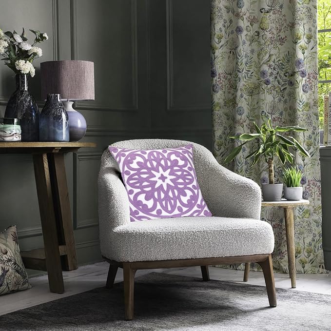 Alysheer Embroidered Decorative Throw Pillow Cover 20"x 20", Boho Mandala Modern Thick Embroidery Pattern, Durable Cotton Canvas Soft Cushion Case for Sofa Couch Bed Living Room (Lilac Lavender)