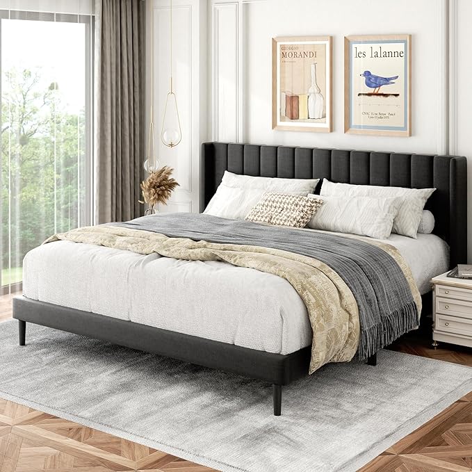 King Size Bed Frame with Wingback Headboard, Upholstered Platform Bed, No Box Spring Needed, Sturdy Wooden Slat Support, Easy Assembly, Dark Gray