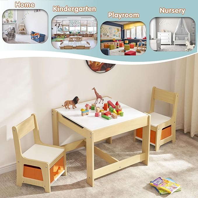 Kids Table and Chair Set, 3 in 1 Children Activity Table with Storage Drawer, 2 in 1 Tabletop Removable Blackboard for Crafts, Arts, Drawing, Reading, Toddler Table and Chair Set for Boys & Girls