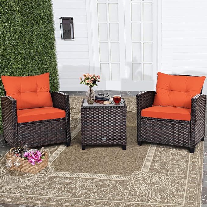 Tangkula 3 Pieces Patio Furniture Set, PE Rattan Wicker 3 Pcs Outdoor Sofa Set w/Washable Cushion and Tempered Glass Tabletop, Conversation Furniture for Garden Poolside Balcony (Orange)