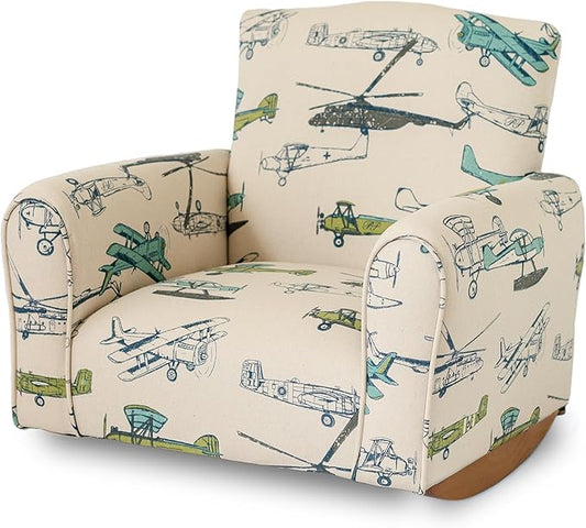 Kid Rocking Chair for Toddlers, Child Chair for Little Kids, Upholstered Toddler Armchair for Children, Comfy and Cute Little Kid Chairs (Rockers, Airplanes Print)