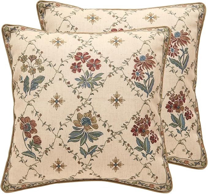 patdrea Designer Throw Pillow Covers Set of 2,Square Euro Retro Style Light Brown Linen with Floral Pattern Pillow Cover,Decorative Pillowcases Cushion for Bed Living Room Outdoor Car,18"x18"