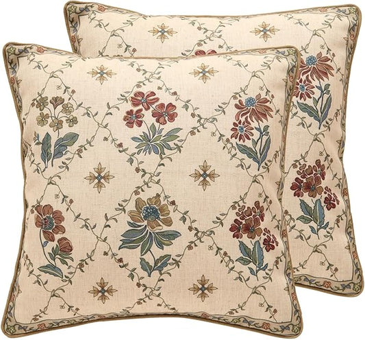 patdrea Designer Throw Pillow Covers Set of 2,Square Euro Retro Style Light Brown Linen with Floral Pattern Pillow Cover,Decorative Pillowcases Cushion for Bed Living Room Outdoor Car,18"x18"