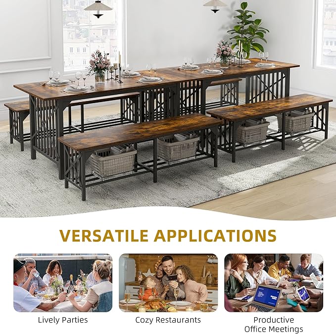DWVO 3-Piece Dining Table Set for 4-6 People, 63" Dining Room Table with 2 Benches, Industrial Rectangular Dining Room Table Set with Storage for Kitchen, Dining Room, Rustic Brown