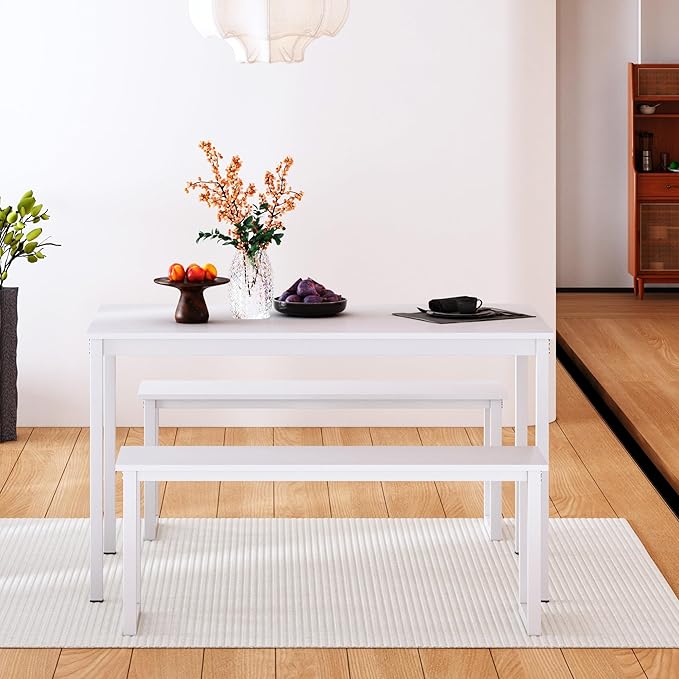 soges 3 PCS Dining Table Set for 4 with 2 Benches, Soho Dining Table and Chairs Set, Industrial Kitchen Table and Chairs Kitchen Breakfast Table Set, Dining Set with Metal Frame, White